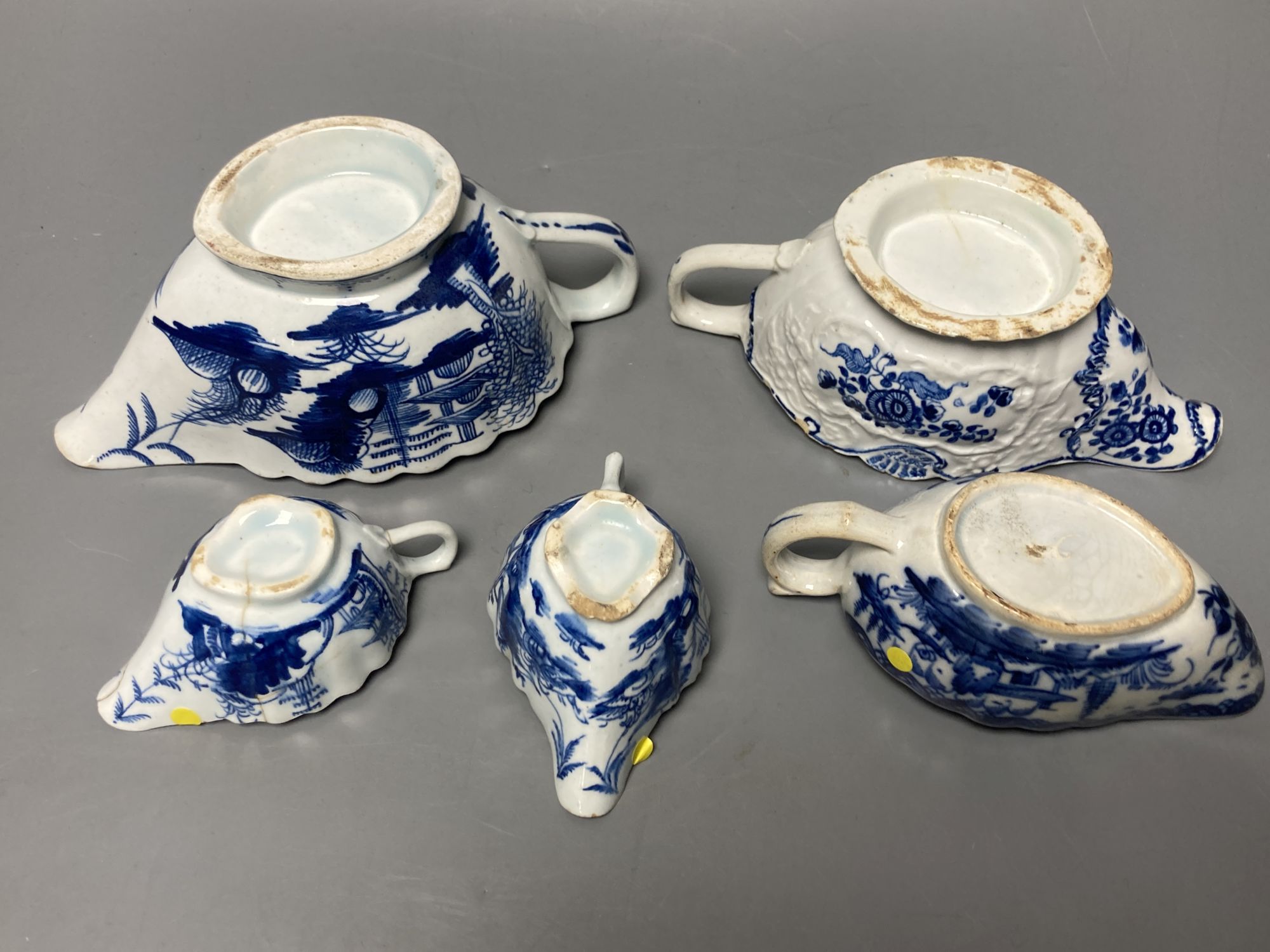 Five Bow blue and white sauceboats, circa 1770.